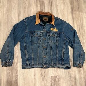 Denim Jean Jacket w/ Tan Leather Collar Distressed Worn Workwear Style Grungy